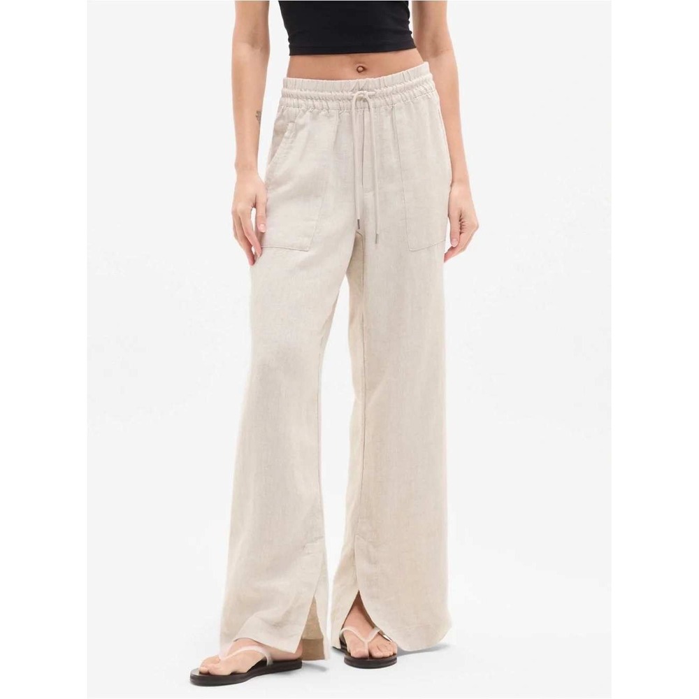 Athleta Retreat Linen High Rise Wide-Leg Drawstring Linen Pants Natural Beige s